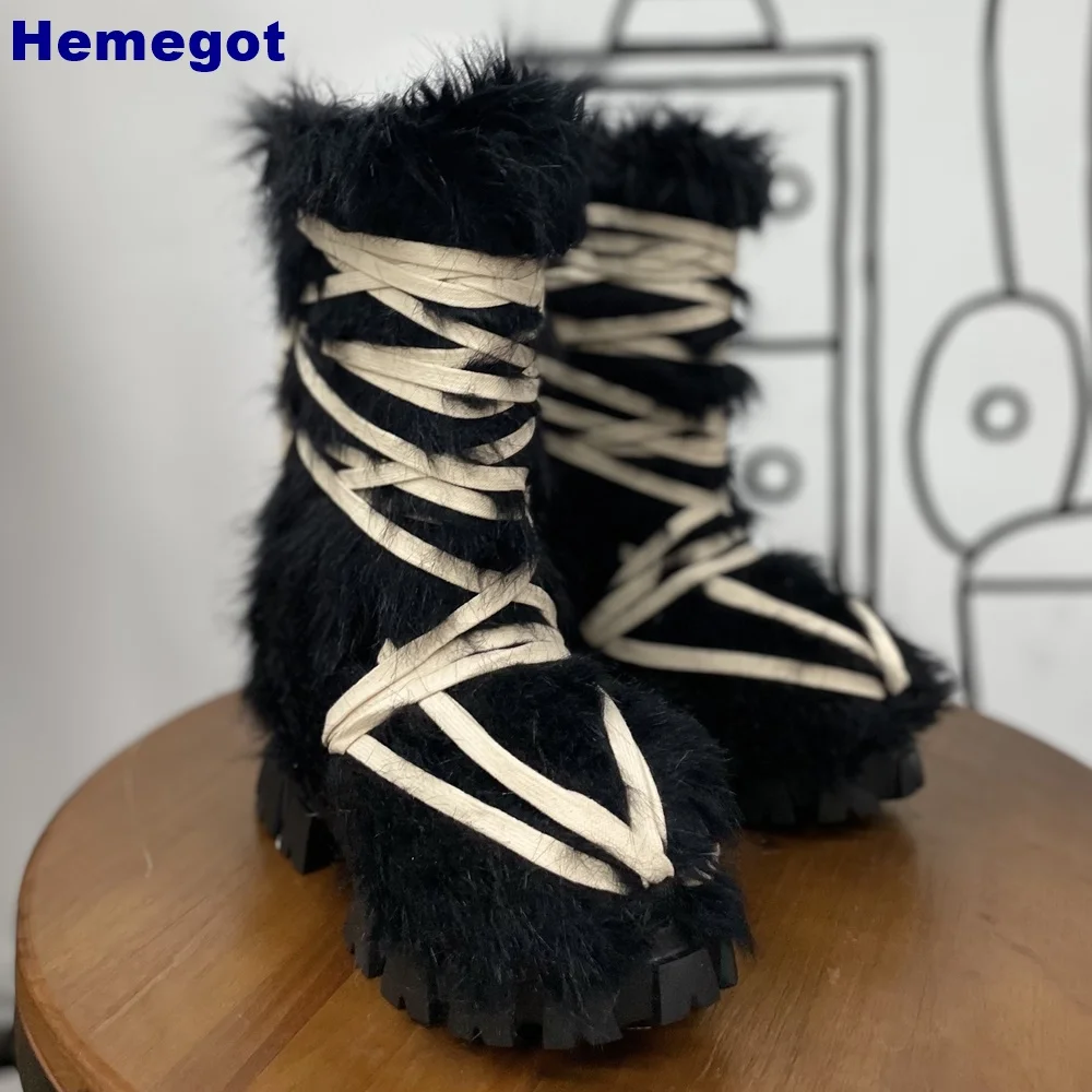 Women Black Furry Mid Calf Pla - Street Fashion Y2K review and price